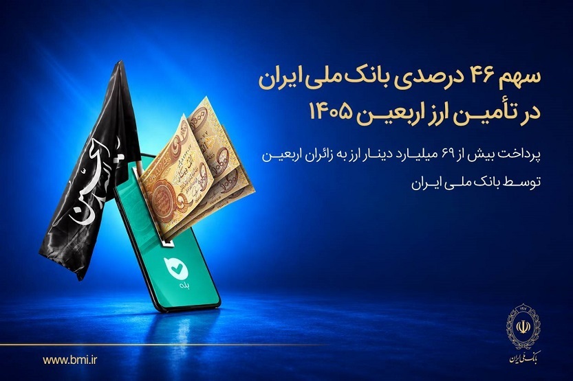 سهم ۴۶ درصدی بانک ملی ایران در تأمین ارز اربعین ۱۴۰۵/ پرداخت بیش از ۶۹ میلیارد دینار ارز به زائرین اربعین توسط بانک ملی ایران
